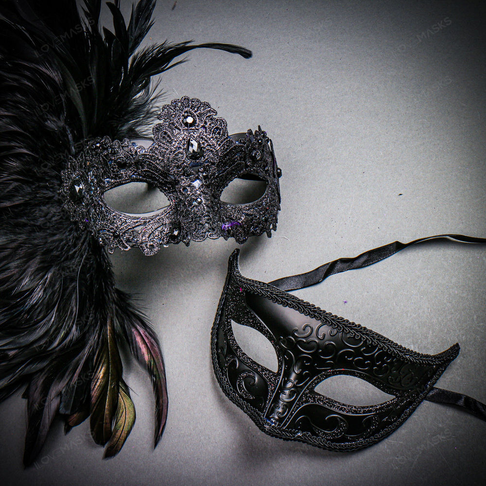 Venetian Classic Black Eye Mask and Laces Side Feather Masquerade Couple Masks